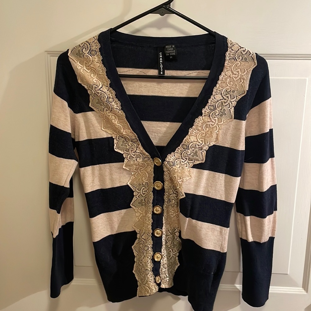 Anthropologie navy and white stripe cardigan with gold buttons and lace detail
